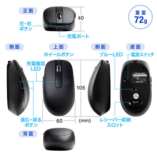 静音ワイヤレスマウス(無線・2.4G・ブルーLED・5ボタン・充電式・電池交換不要・中型・ブラック)