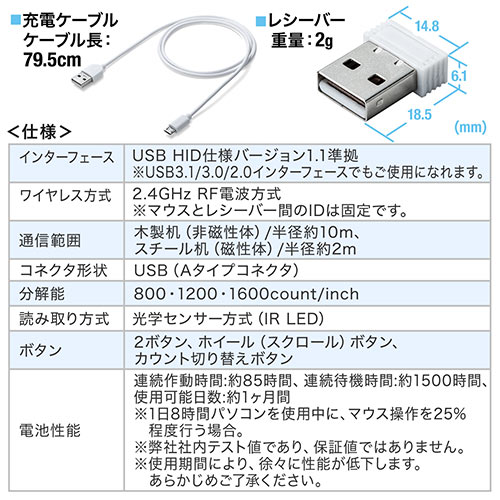 ワイヤレスマウス(無線・2.4G・IRセンサー・3ボタン・DPI切替・左右対称・折りたたみ・充電式・超薄型・ホワイト)