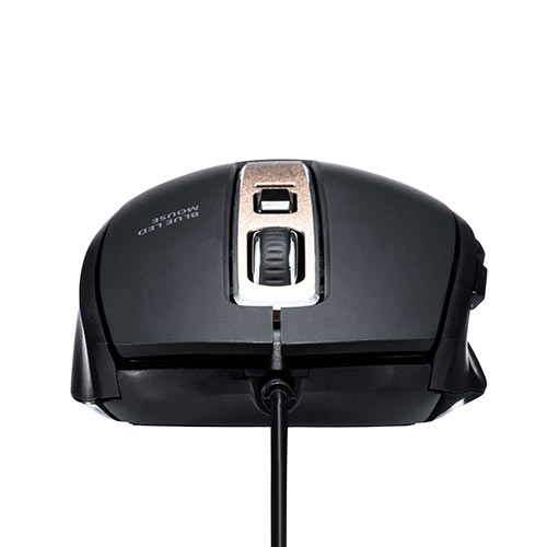 静音有線マウス(ケーブル接続・ブルーLED・5ボタン・DPI切替・ラバー塗装・中型・ブラック)