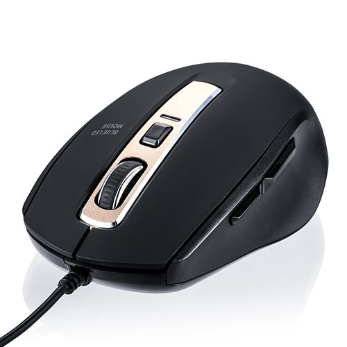 静音有線マウス(ケーブル接続・ブルーLED・5ボタン・DPI切替・ラバー塗装・中型・ブラック)