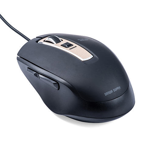 静音有線マウス(ケーブル接続・ブルーLED・5ボタン・DPI切替・ラバー塗装・中型・ブラック)