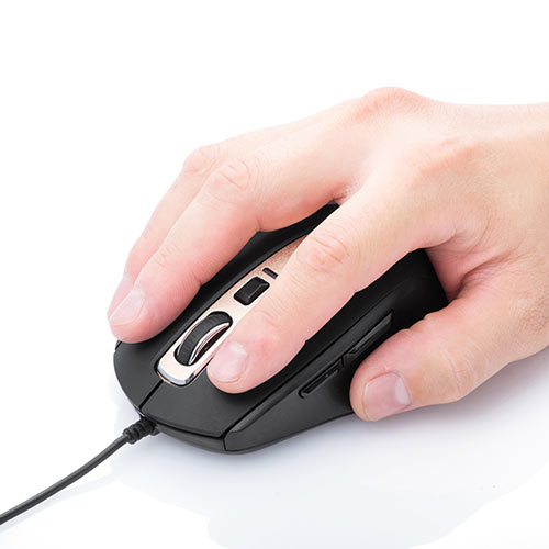 静音有線マウス(ケーブル接続・ブルーLED・5ボタン・DPI切替・ラバー塗装・中型・ブラック)