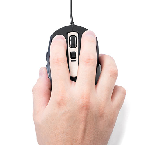 静音有線マウス(ケーブル接続・ブルーLED・5ボタン・DPI切替・ラバー塗装・中型・ブラック)