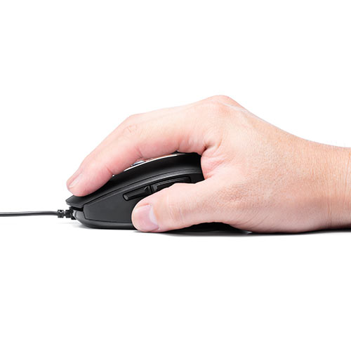 静音有線マウス(ケーブル接続・ブルーLED・5ボタン・DPI切替・ラバー塗装・中型・ブラック)
