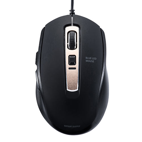 静音有線マウス(ケーブル接続・ブルーLED・5ボタン・DPI切替・ラバー塗装・中型・ブラック)