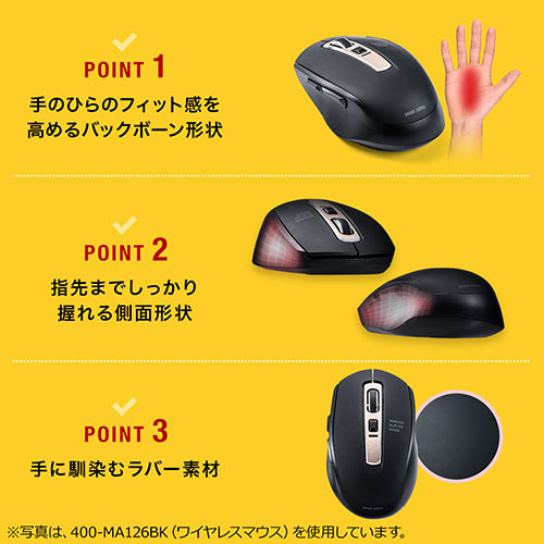 静音有線マウス(ケーブル接続・ブルーLED・5ボタン・DPI切替・ラバー塗装・中型・ブラック)