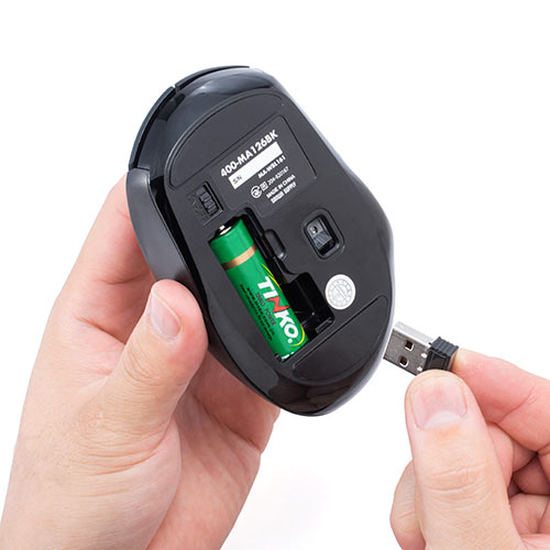 静音ワイヤレスマウス(無線・2.4G・ブルーLED・5ボタン・DPI切替・ラバー塗装・電池式・中型・ブラック)