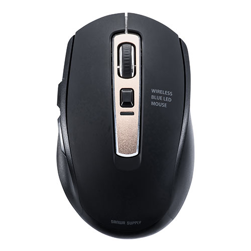 静音ワイヤレスマウス(無線・2.4G・ブルーLED・5ボタン・DPI切替・ラバー塗装・電池式・中型・ブラック)