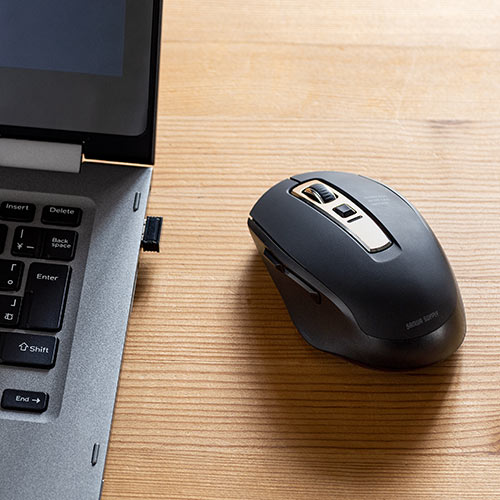 静音ワイヤレスマウス(無線・2.4G・ブルーLED・5ボタン・DPI切替・ラバー塗装・電池式・中型・ブラック)