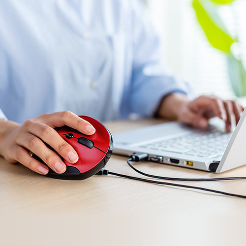 静音ワイヤレスマウス(無線・2.4G・ブルーLED・5ボタン・DPI切替・エルゴノミクス・人間工学・充電式・中型・レッド)