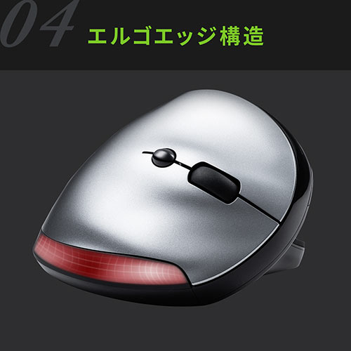 静音ワイヤレスマウス(無線・2.4G・ブルーLED・5ボタン・DPI切替・エルゴノミクス・人間工学・充電式・中型・レッド)