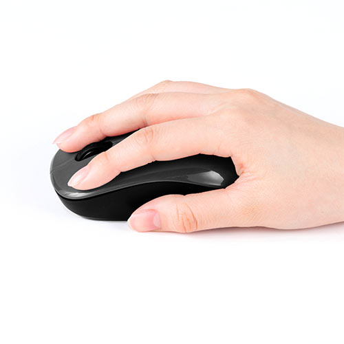 ワイヤレスマウス(無線・2.4G・ブルーLED・3ボタン・左右対称・電池式・中型・ブラック)