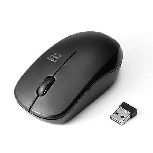 ワイヤレスマウス(無線・2.4G・ブルーLED・3ボタン・左右対称・電池式・中型・ブラック)