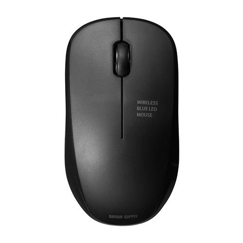 ワイヤレスマウス(無線・2.4G・ブルーLED・3ボタン・左右対称・電池式・中型・ブラック)