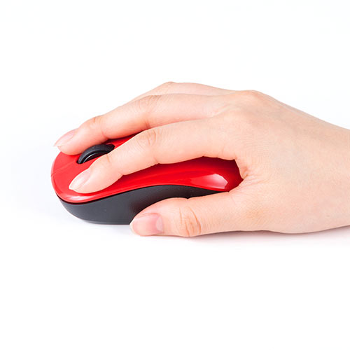 ワイヤレスマウス(無線・2.4G・ブルーLED・3ボタン・左右対称・電池式・中型・レッド)