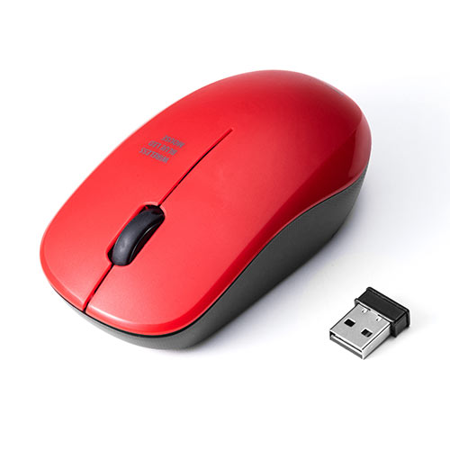 ワイヤレスマウス(無線・2.4G・ブルーLED・3ボタン・左右対称・電池式・中型・レッド)