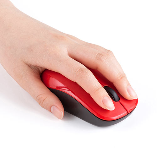 ワイヤレスマウス(無線・2.4G・ブルーLED・3ボタン・左右対称・電池式・中型・レッド)