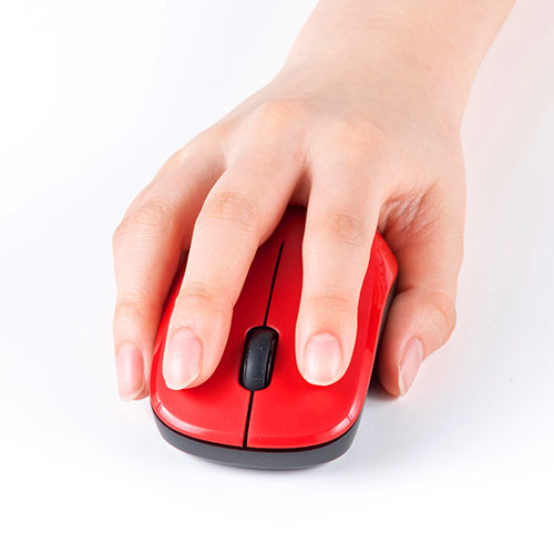ワイヤレスマウス(無線・2.4G・ブルーLED・3ボタン・左右対称・電池式・中型・レッド)