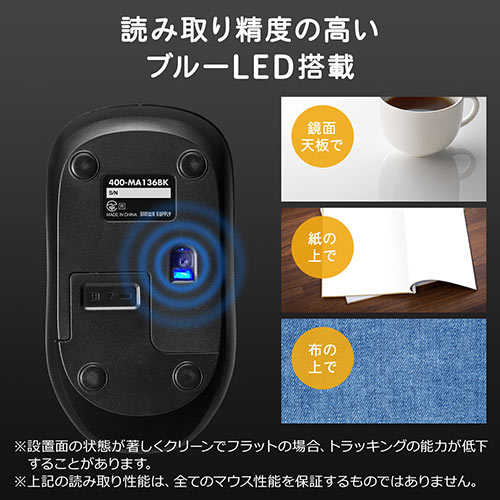 ワイヤレスマウス(無線・2.4G・ブルーLED・3ボタン・左右対称・電池式・中型・レッド)