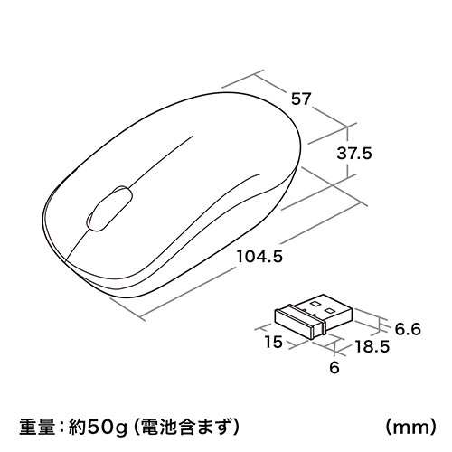 ワイヤレスマウス コンパクトマウス ブルーLED 3ボタン 左右対称（1200カウント レシーバー収納 電池式 ホワイト）