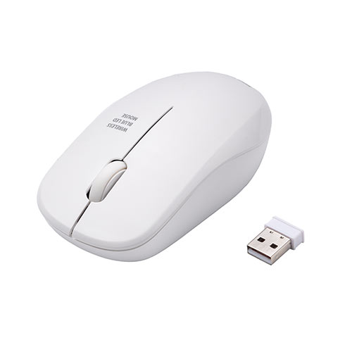 ワイヤレスマウス コンパクトマウス ブルーLED 3ボタン 左右対称（1200カウント レシーバー収納 電池式 ホワイト）