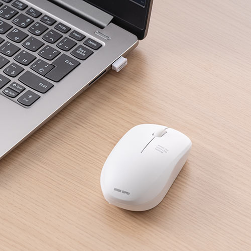 ワイヤレスマウス コンパクトマウス ブルーLED 3ボタン 左右対称（1200カウント レシーバー収納 電池式 ホワイト）