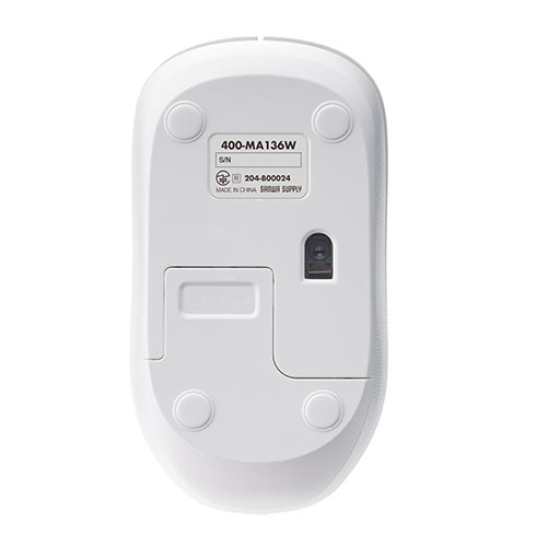 ワイヤレスマウス コンパクトマウス ブルーLED 3ボタン 左右対称（1200カウント レシーバー収納 電池式 ホワイト）