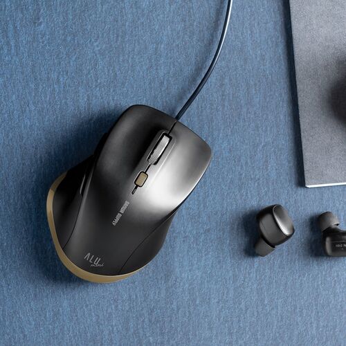 有線マウス（USB A・小型・5ボタン・戻る進む・アルミホイール・静音・ALUmini・ブラック）