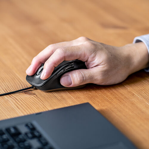 有線マウス（USB A・小型・5ボタン・戻る進む・アルミホイール・静音・ALUmini・ブラック）