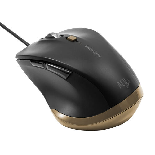 有線マウス（USB A・小型・5ボタン・戻る進む・アルミホイール・静音・ALUmini・ブラック）