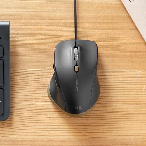 有線マウス（USB A・小型・5ボタン・戻る進む・アルミホイール・静音・ALUmini・ブラック）