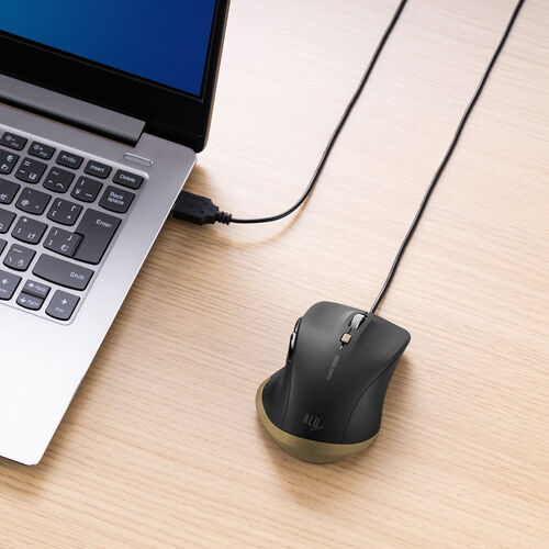 有線マウス（USB A・小型・5ボタン・戻る進む・アルミホイール・静音・ALUmini・ブラック）
