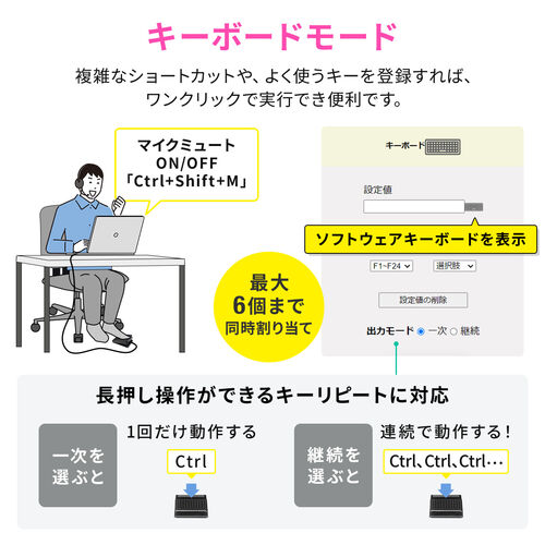 フットスイッチ（USB・フットペダル・有線接続・奥押し・カスタム可能・マクロ・プログラマブル・マウス操作対応・ショートカット割り当て・ゲーミング・配信・キーボード ）  MA212BK