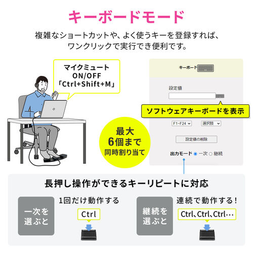 フットスイッチ（USB・フットペダル・スイッチ・有線・手前押し・カスタム可能・3ペダル・マクロ・プログラマブル・マウス操作対応・ショートカット割り当て・ゲーミング・配信・キーボード） MA214BK