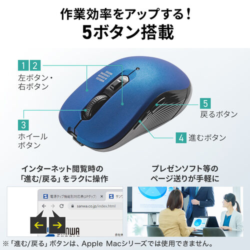 Bluetoothマウス（USB-C充電式・戻る/進む・5ボタン・ワイヤレス・静音・無線・ラバーコーティング・レッド）