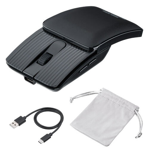 マウス（薄型・高速スクロール・Bluetooth・静音・スライドカバー・5ボタン・戻る/進むボタン・ポーチ付き・持ち運び・小型・携帯マウス・モバイルマウス・コンパクト・充電式・スリム・軽量・ブラック）