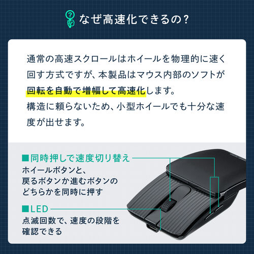 マウス（薄型・高速スクロール・Bluetooth・静音・スライドカバー・5ボタン・戻る/進むボタン・ポーチ付き・持ち運び・小型・携帯マウス・モバイルマウス・コンパクト・充電式・スリム・軽量・ブラック）