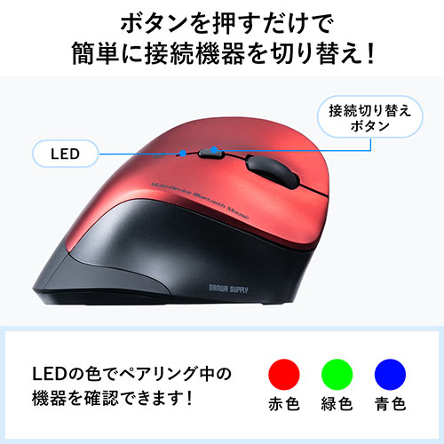 ワイヤレスマウス（Bluetooth・おすすめ・おしゃれ・人気・静音・エルゴマウス・マルチペアリング・電池式・レッド） MABT102R