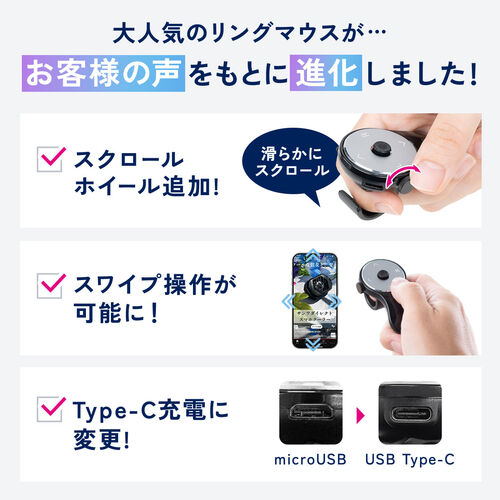 リングマウス（ホイール搭載・Bluetooth接続・USB-C充電・ハンディマウス・フィンガーマウス・Tiktokコントローラー・スワイプモード・iPhone対応・エアマウス・ブラック）