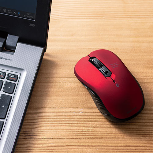 ワイヤレスマウス（Bluetooth・ワイヤレス・ブルーLEDセンサー・5ボタン・左右対称・iPadOS対応・中型・おすすめ・レッド）MABT158R