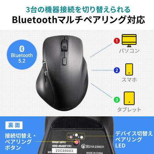 ワイヤレスマウス(Bluetooth・充電式・おすすめ・おしゃれ・人気・マルチペアリング・静音・ワイヤレス・DPI切替・ホワイト）MABT191W