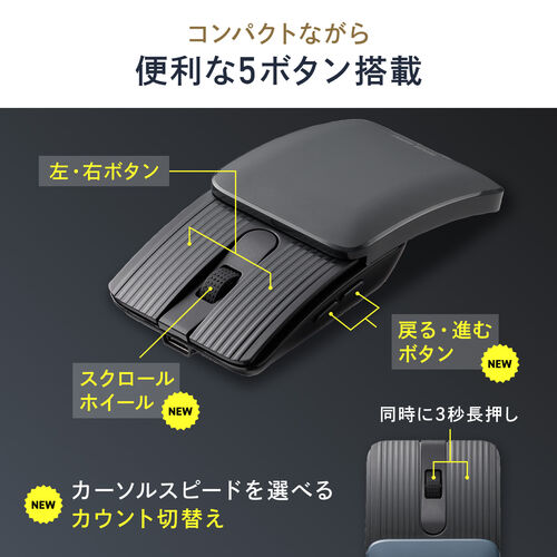 小型マウス｜折りたたみ・Bluetooth・静音・持ち歩き・MABT206BK