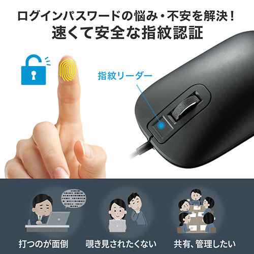 指紋認証マウス Windows Hello対応 有線マウス IRセンサー 3ボタン 1600dpi Windows専用 ブラック
