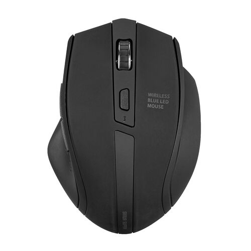 マウス(無線・ワイヤレス・2.4G・静音・ブルーLED・5ボタン・DPI切替・電池式・中型・ブラック)