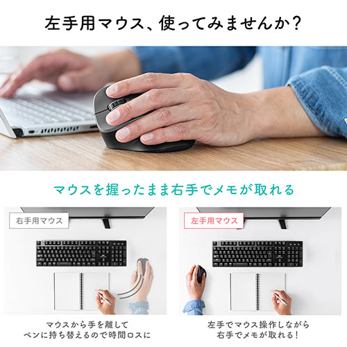左利きマウス ワイヤレス（左手用マウス エルゴマウス 5ボタン カウント切り替え）