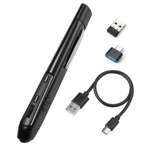 ペンマウス（Bluetooth・ワイヤレス・戻る/進む・USB A・Type-C・充電式・ペン型マウス・クリップ付き・ブラック）