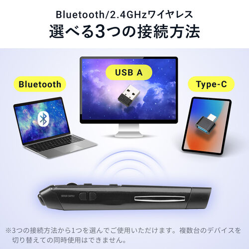 ペンマウス（Bluetooth・ワイヤレス・戻る/進む・USB A・Type-C・充電式・ペン型マウス・クリップ付き・ブラック）