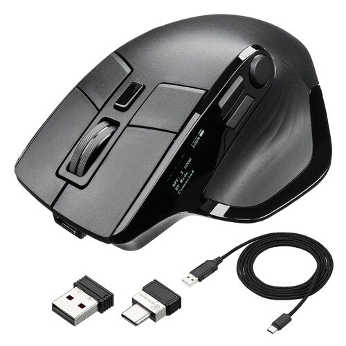 ワイヤレスマウス（エルゴノミクス・8ボタン・多機能・割り当て・液晶画面・Bluetooth・2.4GHzレシーバー・充電式・ブラック）