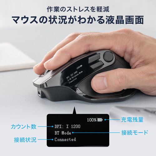 ワイヤレスマウス（エルゴノミクス・8ボタン・多機能・割り当て・液晶画面・Bluetooth・2.4GHzレシーバー・充電式・ブラック）