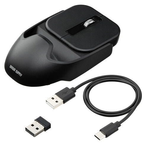 ワイヤレスマウス（マグネット着脱式・小型・Bluetooth・フルサイズ ＆ コンパクト・薄型・充電式・4ボタン・無線・持ち運び・モバイルマウス・携帯マウス・ミニマウス・ブラック）